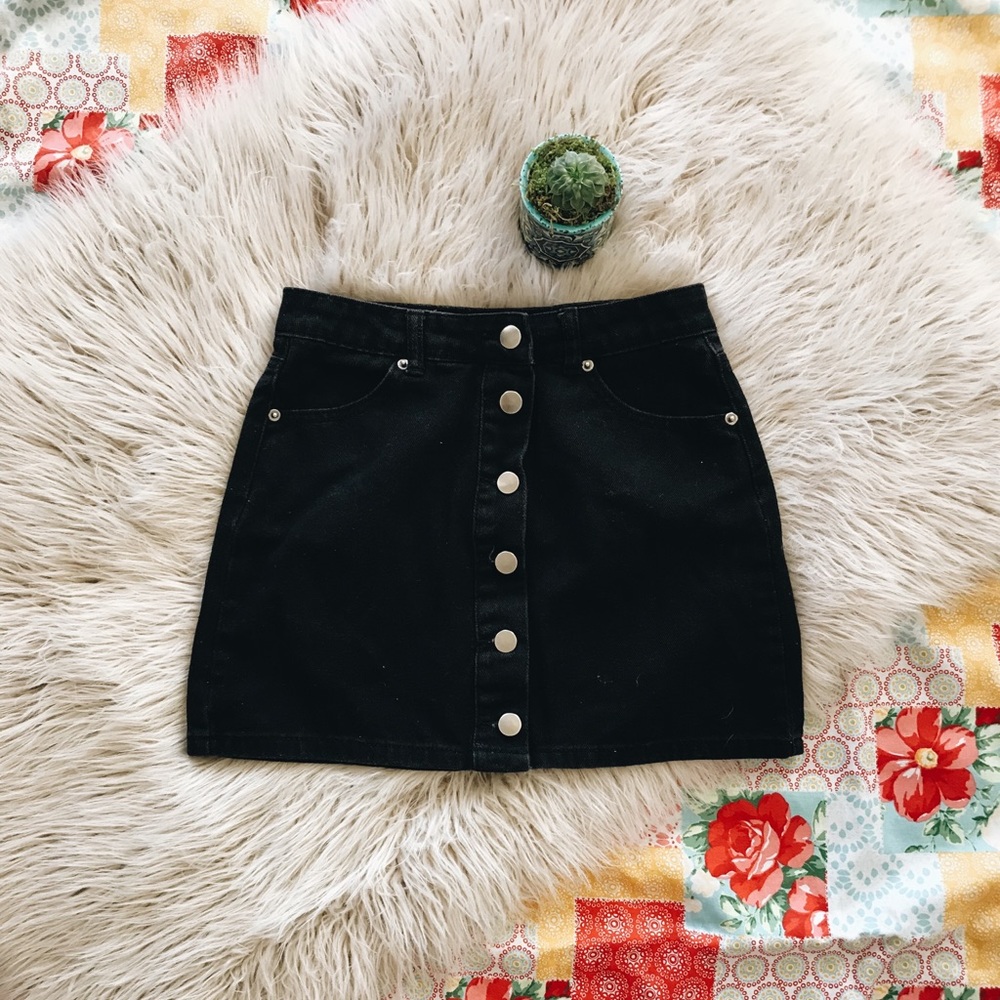 Black denim mini skirt
